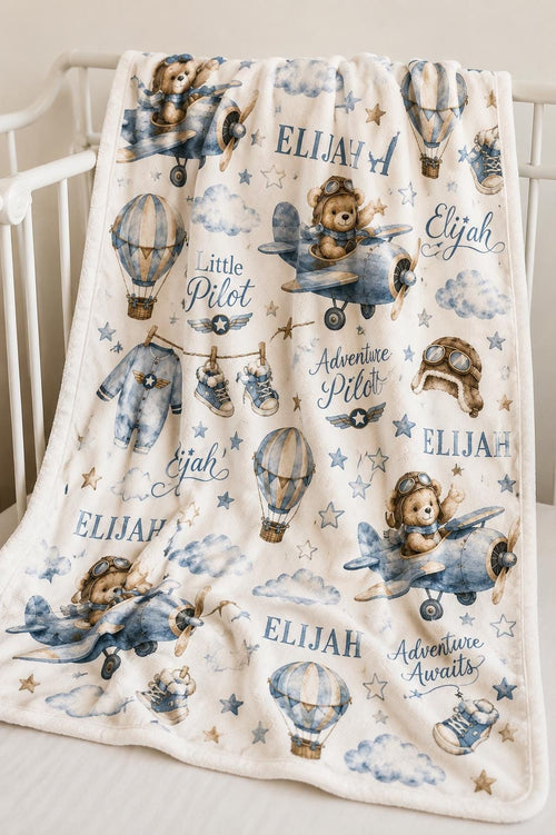 Personalized Airplane Baby Blanket, Little Pilot Baby Blanket, Adventure Awaits Blanket, Custom Baby Boy Name Blanket, Aviati