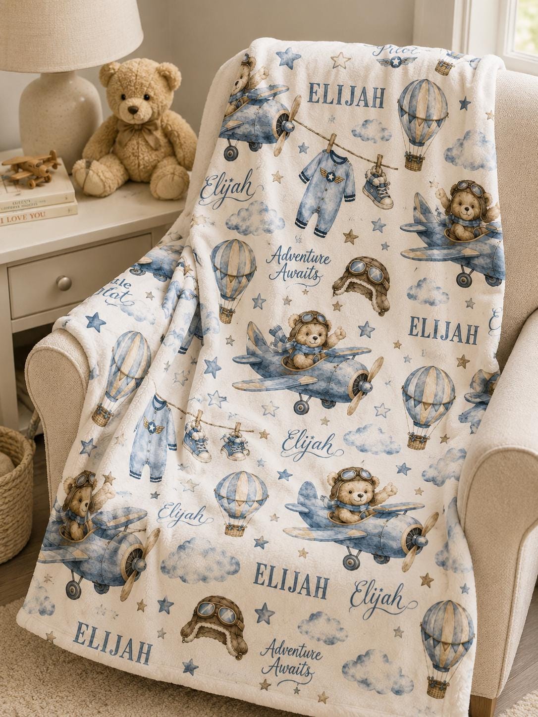 Personalized Airplane Baby Blanket, Little Pilot Baby Blanket, Adventure Awaits Blanket, Custom Baby Boy Name Blanket, Aviati