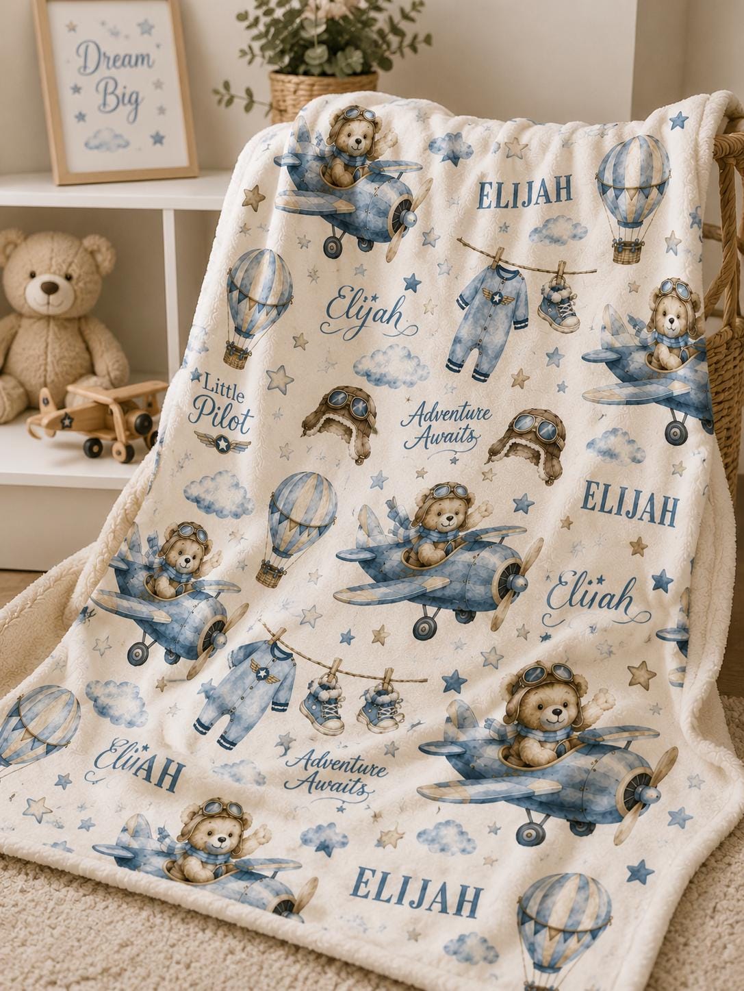Personalized Airplane Baby Blanket, Little Pilot Baby Blanket, Adventure Awaits Blanket, Custom Baby Boy Name Blanket, Aviati
