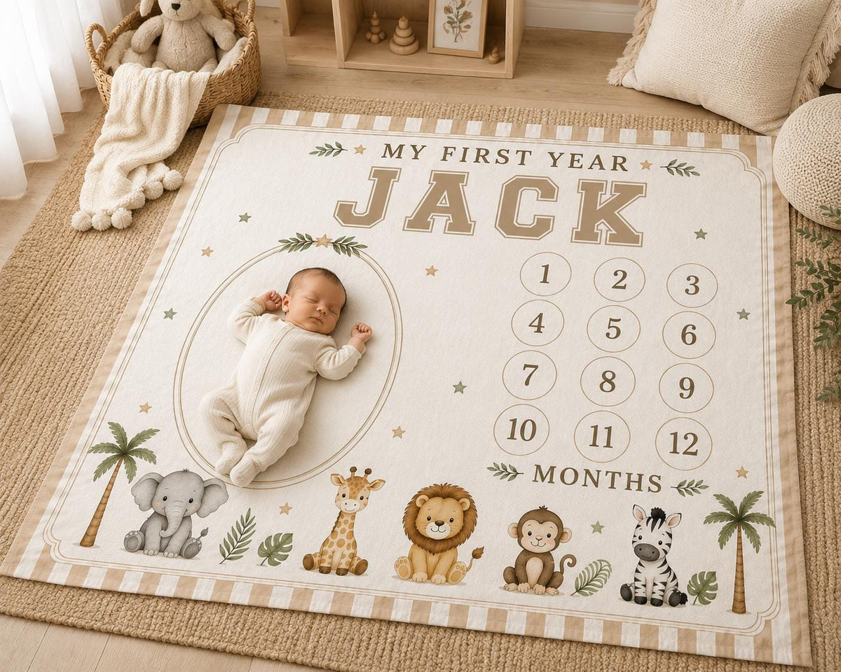 Personalized Safari Milestone Blanket, Baby Monthly Milestone Blanket, First Year Baby Blanket, Jungle Animal Baby Gift, Cust