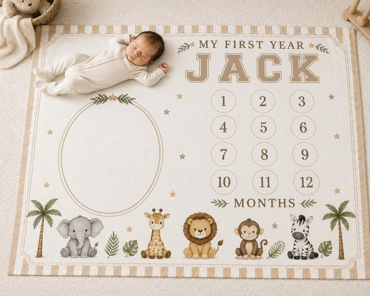 Personalized Safari Milestone Blanket, Baby Monthly Milestone Blanket, First Year Baby Blanket, Jungle Animal Baby Gift, Cust