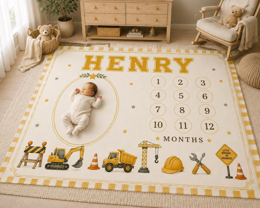 Personalized Construction Milestone Blanket, Baby Monthly Milestone Blanket, Little Builder First Year Blanket, Construction 