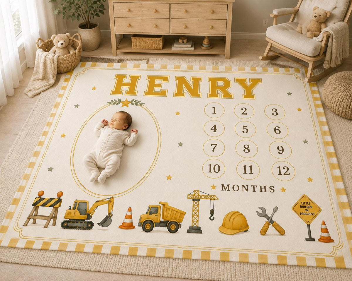 Personalized Construction Milestone Blanket, Baby Monthly Milestone Blanket, Little Builder First Year Blanket, Construction 