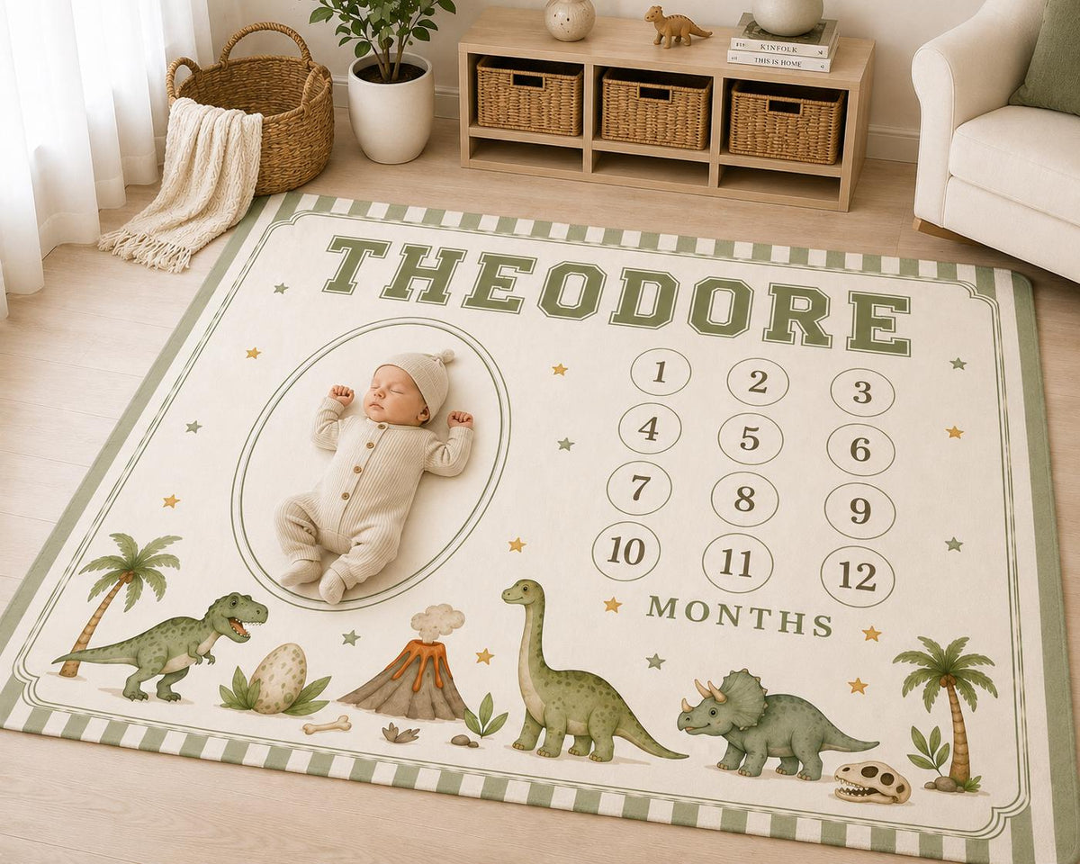Personalized Dinosaur Milestone Blanket, Baby Monthly Milestone Blanket, First Year Dinosaur Blanket, Dino Baby Gift, Custom 