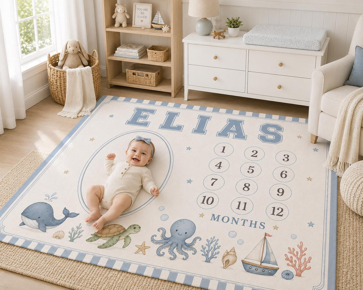 Personalized Ocean Milestone Blanket, Baby Monthly Milestone Blanket, Under the Sea First Year Blanket, Nautical Baby Gift, C