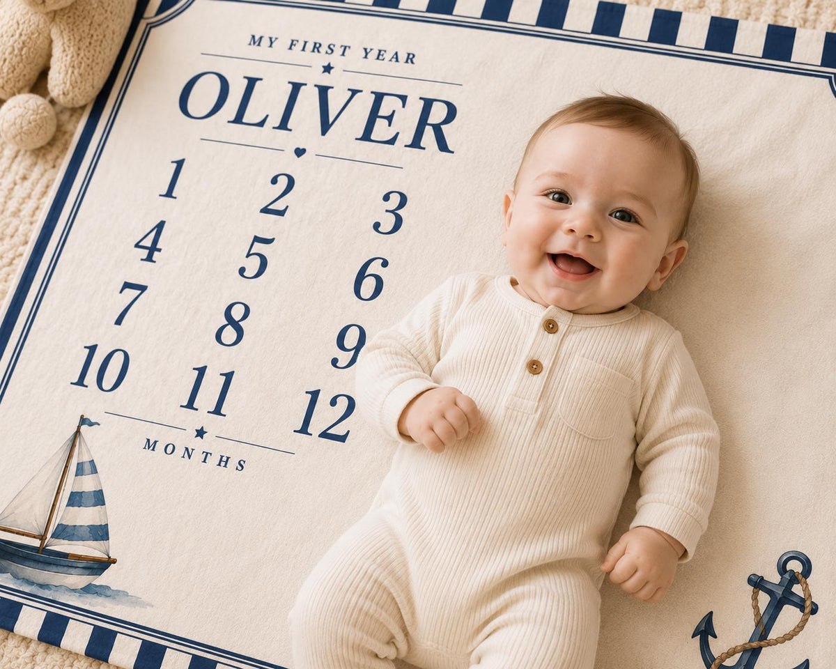 Personalized Nautical Baby Milestone Blanket, Sailboat Monthly Milestone Blanket, Custom Baby Name Blanket, First Year Baby B
