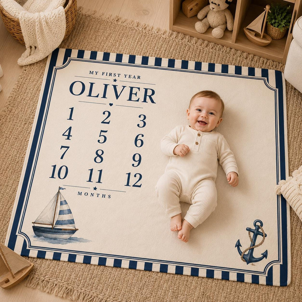 Personalized Nautical Baby Milestone Blanket, Sailboat Monthly Milestone Blanket, Custom Baby Name Blanket, First Year Baby B