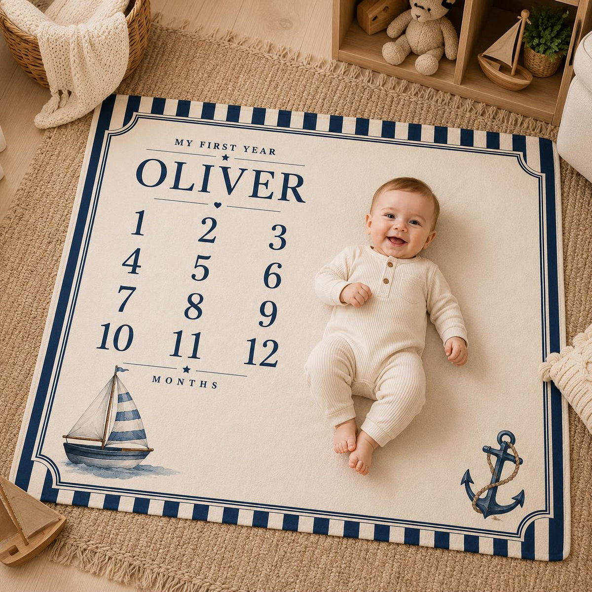 Personalized Nautical Baby Milestone Blanket, Sailboat Monthly Milestone Blanket, Custom Baby Name Blanket, First Year Baby B