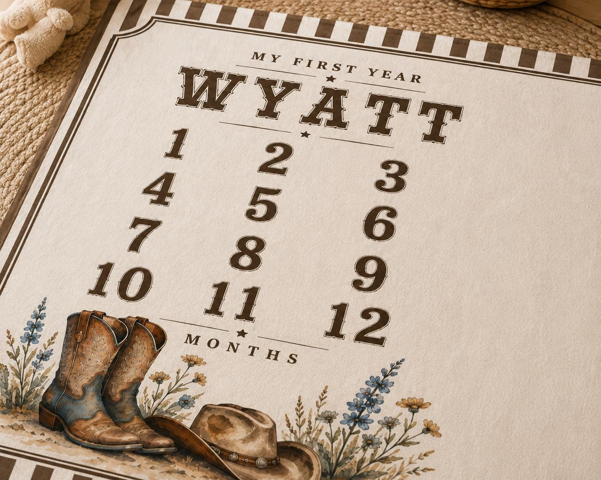 Personalized Cowboy Baby Milestone Blanket, Western Monthly Milestone Blanket, Custom Baby Name Blanket, Cowboy Boots Baby Bl
