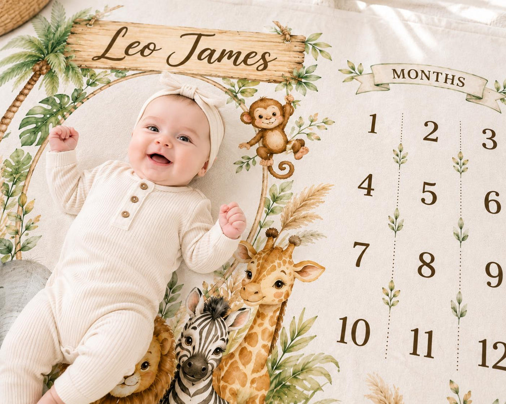 Personalized Safari Baby Milestone Blanket, Jungle Animal Monthly Milestone Blanket, Custom Baby Name Blanket, First Year Bab