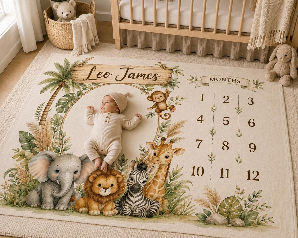 Personalized Safari Baby Milestone Blanket, Jungle Animal Monthly Milestone Blanket, Custom Baby Name Blanket, First Year Bab