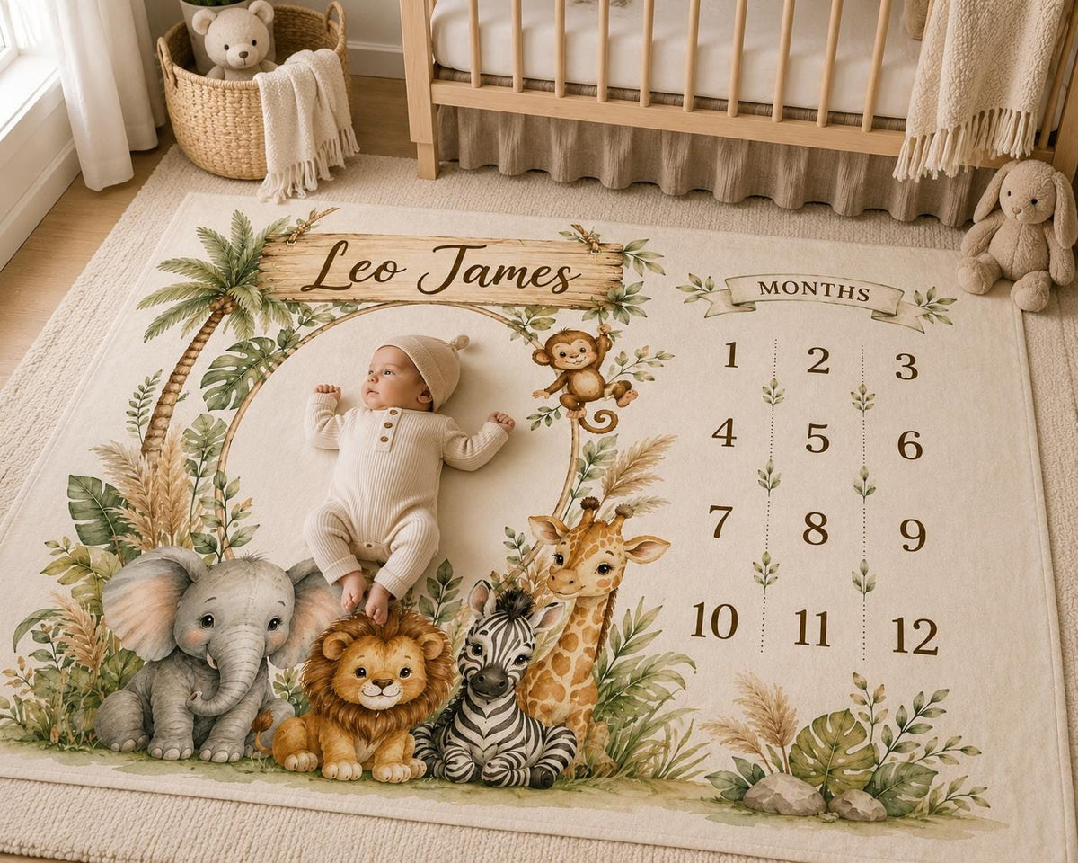 Personalized Safari Baby Milestone Blanket, Jungle Animal Monthly Milestone Blanket, Custom Baby Name Blanket, First Year Bab