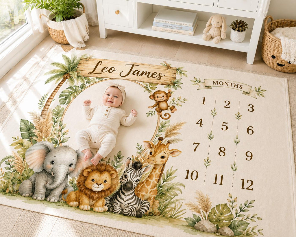 Personalized Safari Baby Milestone Blanket, Jungle Animal Monthly Milestone Blanket, Custom Baby Name Blanket, First Year Bab