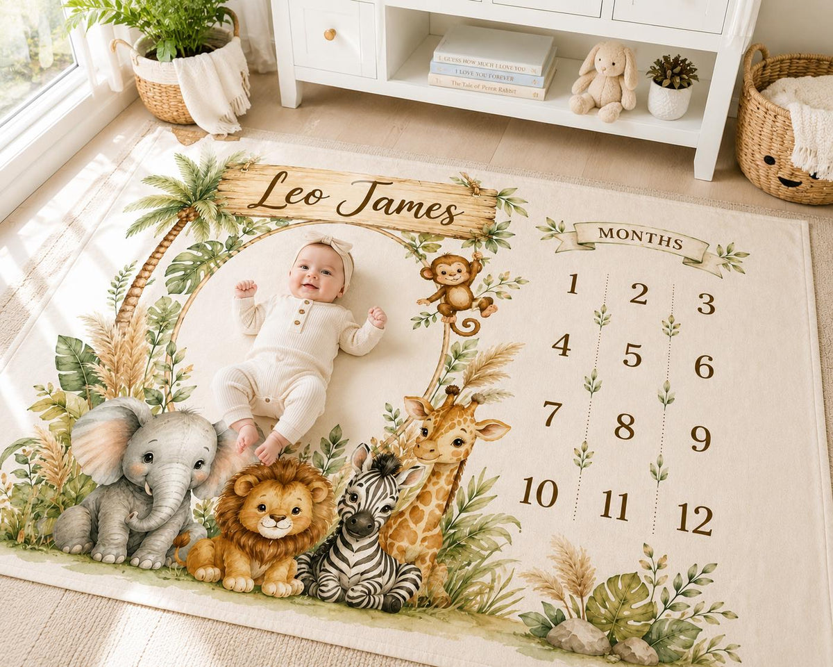 Personalized Safari Baby Milestone Blanket, Jungle Animal Monthly Milestone Blanket, Custom Baby Name Blanket, First Year Bab