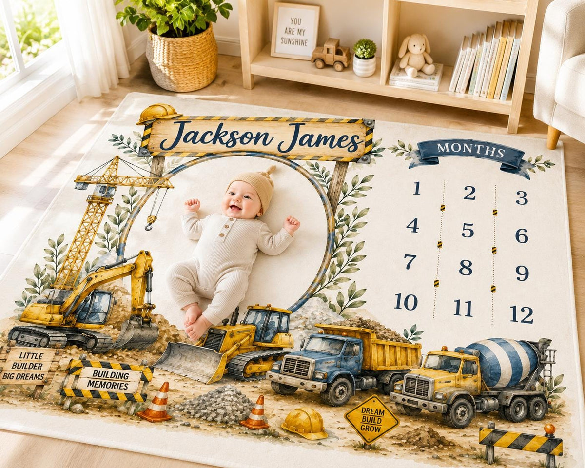 Personalized Construction Baby Milestone Blanket, Construction Truck Monthly Milestone Blanket, Custom Baby Name Blanket, Fir