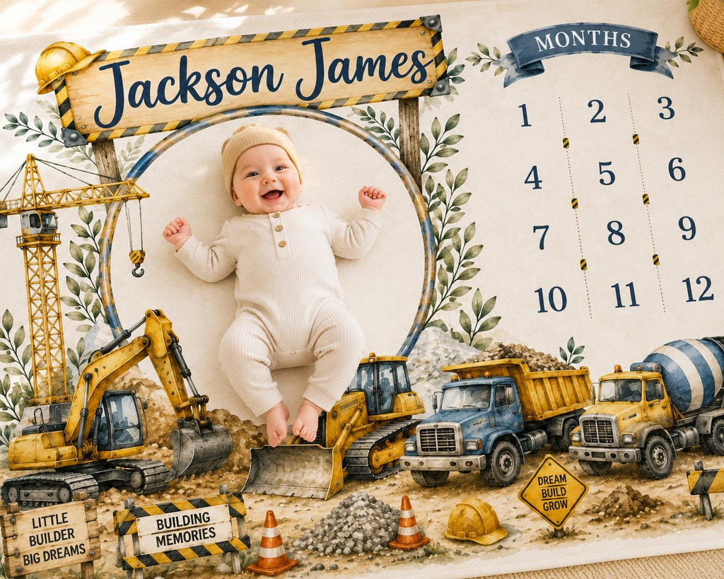 Personalized Construction Baby Milestone Blanket, Construction Truck Monthly Milestone Blanket, Custom Baby Name Blanket, Fir