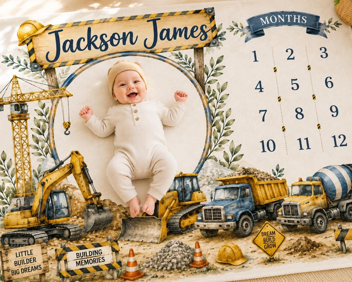 Personalized Construction Baby Milestone Blanket, Construction Truck Monthly Milestone Blanket, Custom Baby Name Blanket, Fir