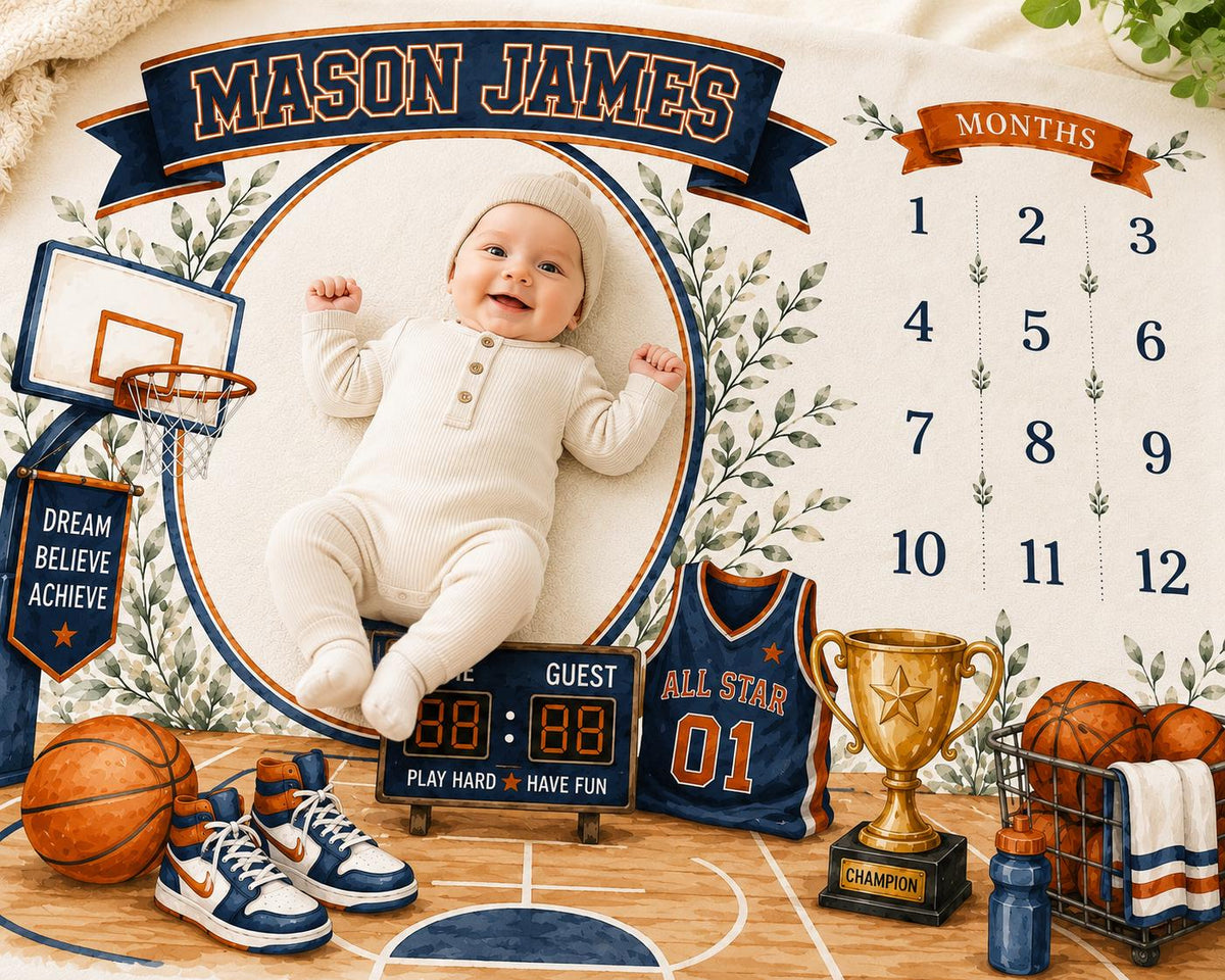 Personalized Basketball Baby Milestone Blanket, Sports Monthly Milestone Blanket, Custom Baby Name Blanket, Basketball First 