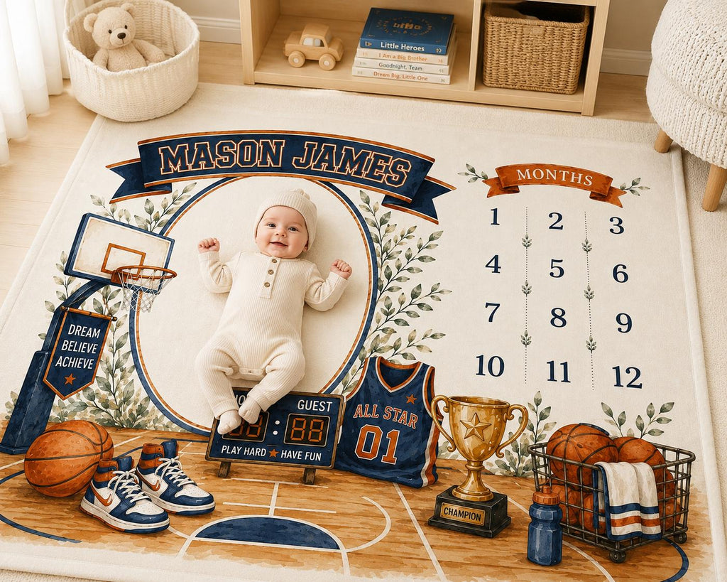Personalized Basketball Baby Milestone Blanket, Sports Monthly Milestone Blanket, Custom Baby Name Blanket, Basketball First 