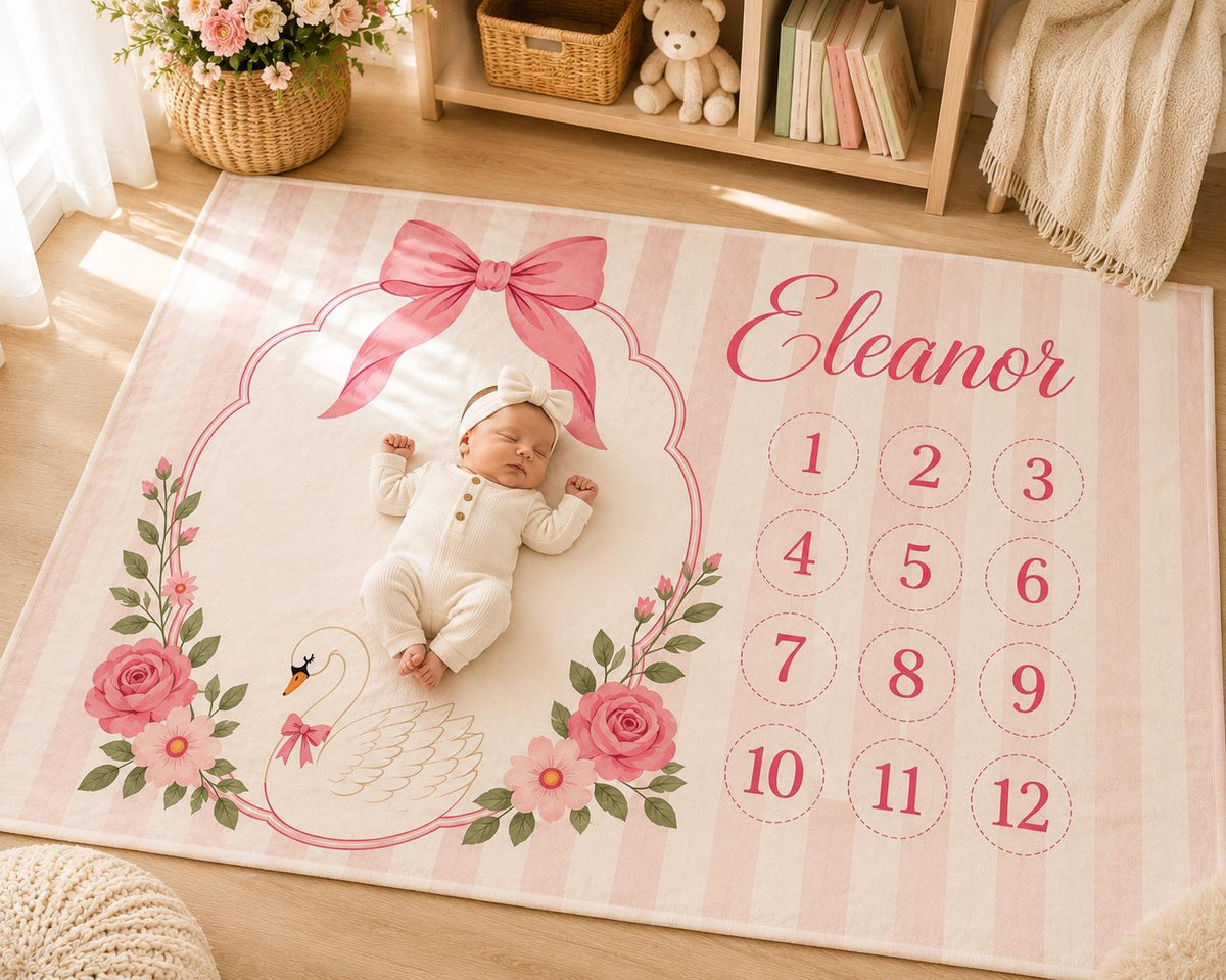 Personalized Baby Girl Milestone Blanket, Pink Bow Monthly Milestone Blanket, Swan Baby Blanket, Custom Baby Name Blanket, Ba