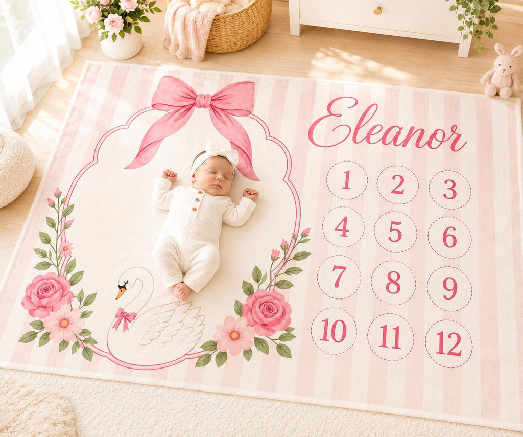 Personalized Baby Girl Milestone Blanket, Pink Bow Monthly Milestone Blanket, Swan Baby Blanket, Custom Baby Name Blanket, Ba