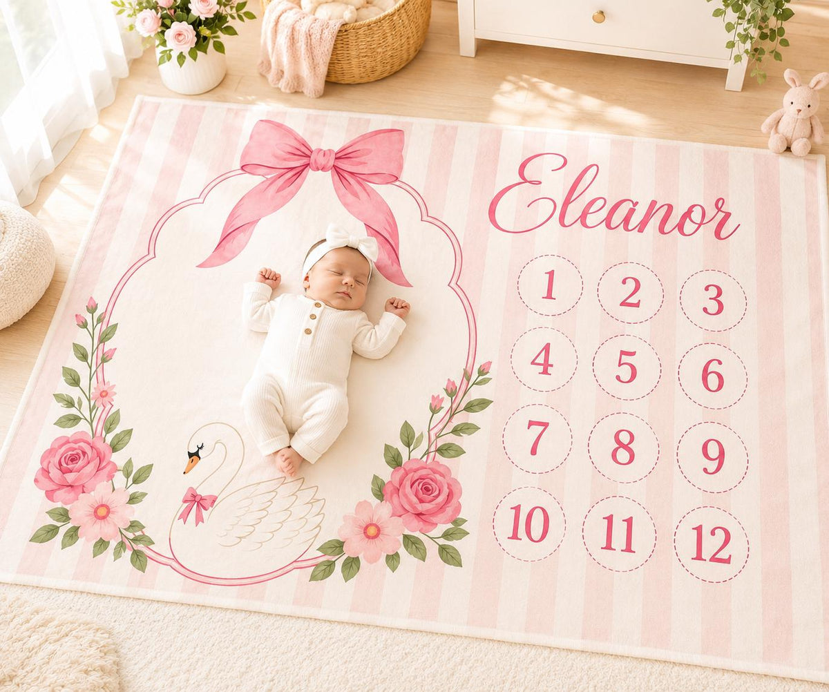 Personalized Baby Girl Milestone Blanket, Pink Bow Monthly Milestone Blanket, Swan Baby Blanket, Custom Baby Name Blanket, Ba
