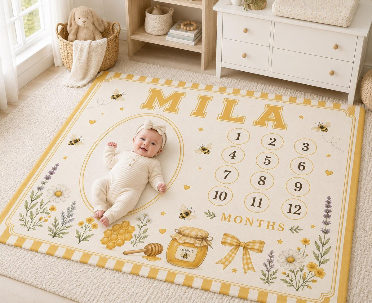 Personalized Bee Baby Milestone Blanket, Mommy to Bee Baby Shower Gift, Custom Monthly Milestone Blanket, Honey Bee Nursery B