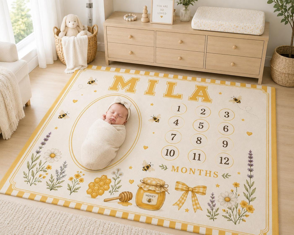 Personalized Bee Baby Milestone Blanket, Mommy to Bee Baby Shower Gift, Custom Monthly Milestone Blanket, Honey Bee Nursery B