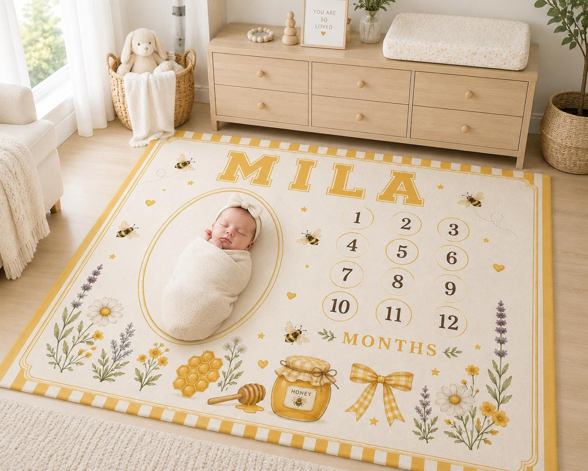 Personalized Bee Baby Milestone Blanket, Mommy to Bee Baby Shower Gift, Custom Monthly Milestone Blanket, Honey Bee Nursery B