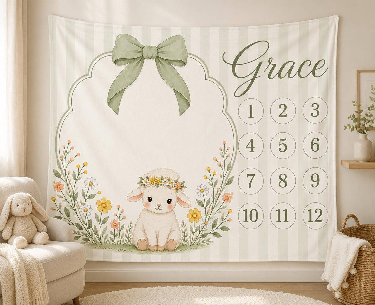 Personalized Lamb Baby Milestone Blanket, Sage Green Bow Monthly Milestone Blanket, Custom Baby Name Blanket, Baby Girl First
