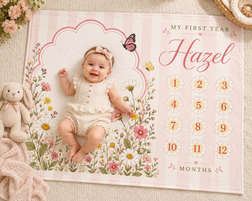 Personalized Wildflower Baby Milestone Blanket, Floral Monthly Milestone Blanket, Custom Baby Name Blanket, Daisy First Year 