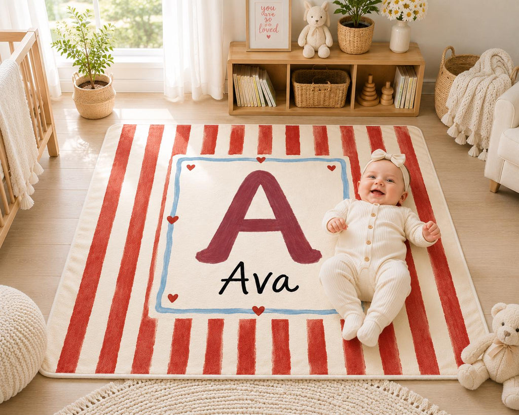 Personalized Initial Baby Blanket, Red Striped Monogram Baby Blanket, Custom Baby Name Blanket, Nursery Blanket, Newborn Gift