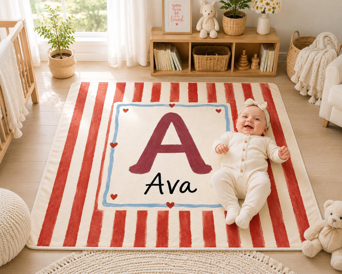 Personalized Initial Baby Blanket, Red Striped Monogram Baby Blanket, Custom Baby Name Blanket, Nursery Blanket, Newborn Gift