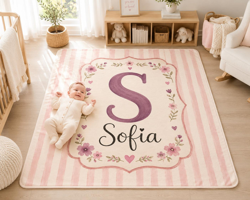 Personalized Initial Baby Blanket, Pink Monogram Baby Blanket, Custom Baby Name Blanket, Floral Nursery Blanket, Newborn Gift