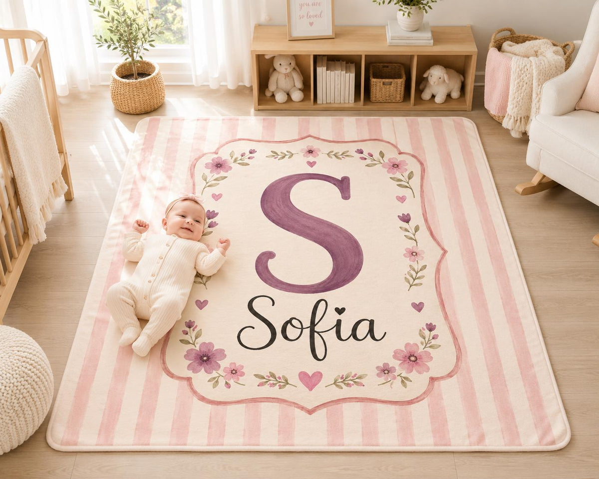 Personalized Initial Baby Blanket, Pink Monogram Baby Blanket, Custom Baby Name Blanket, Floral Nursery Blanket, Newborn Gift