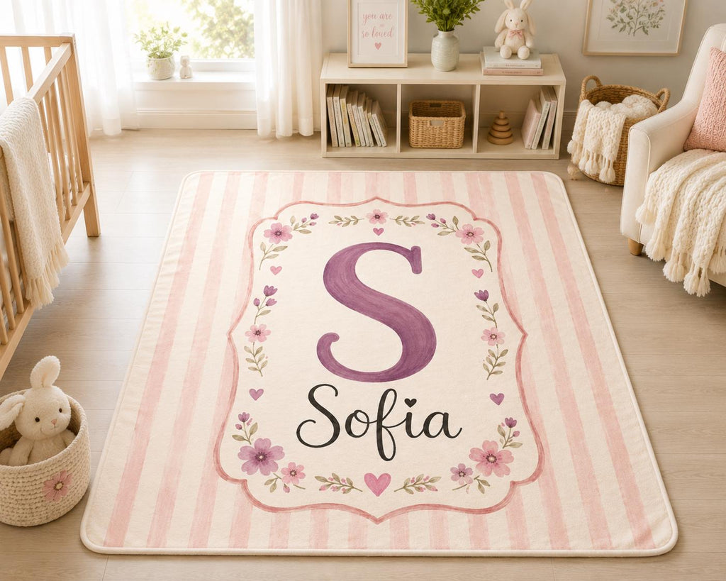 Personalized Initial Baby Blanket, Pink Monogram Baby Blanket, Custom Baby Name Blanket, Floral Nursery Blanket, Newborn Gift