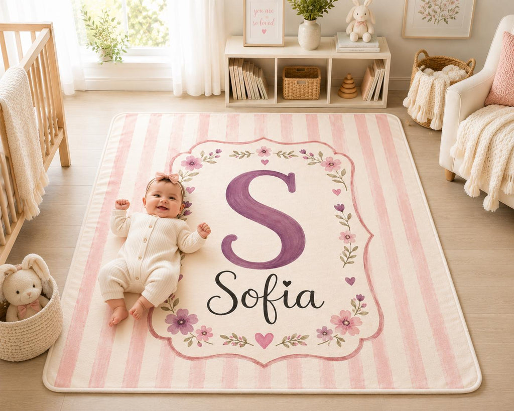 Personalized Initial Baby Blanket, Pink Monogram Baby Blanket, Custom Baby Name Blanket, Floral Nursery Blanket, Newborn Gift