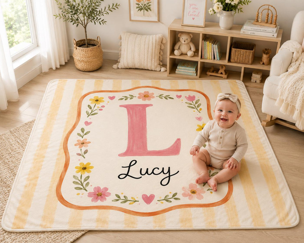 Personalized Initial Baby Blanket, Floral Monogram Baby Blanket, Custom Baby Name Blanket, Yellow Striped Nursery Blanket, Ne