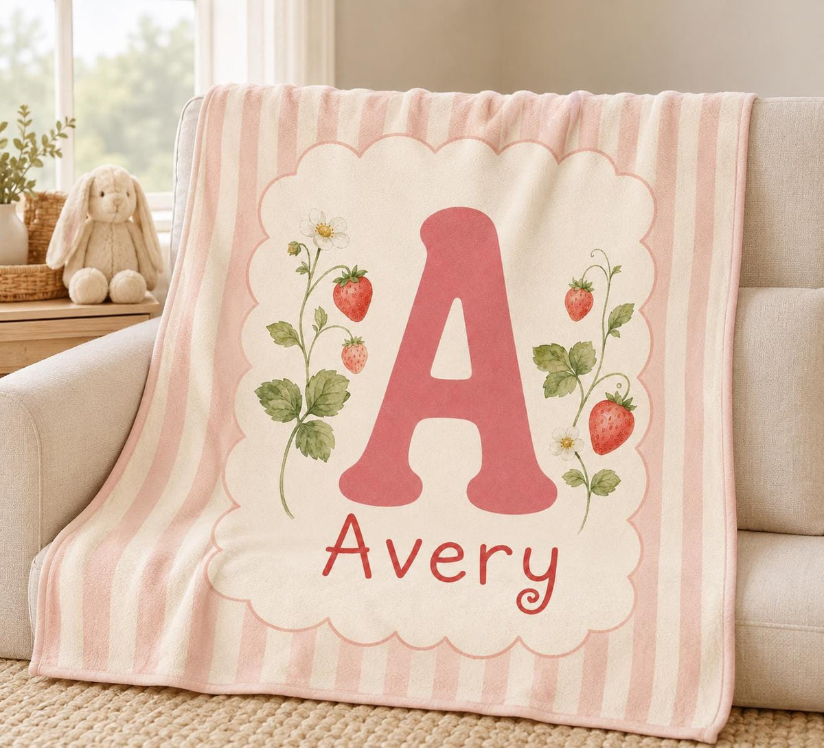 Personalized Strawberry Baby Blanket, Custom Initial Baby Blanket, Pink Monogram Nursery Blanket, Baby Girl Name Blanket, New