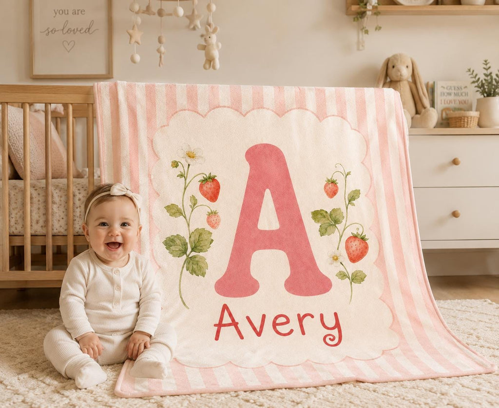 Personalized Strawberry Baby Blanket, Custom Initial Baby Blanket, Pink Monogram Nursery Blanket, Baby Girl Name Blanket, New
