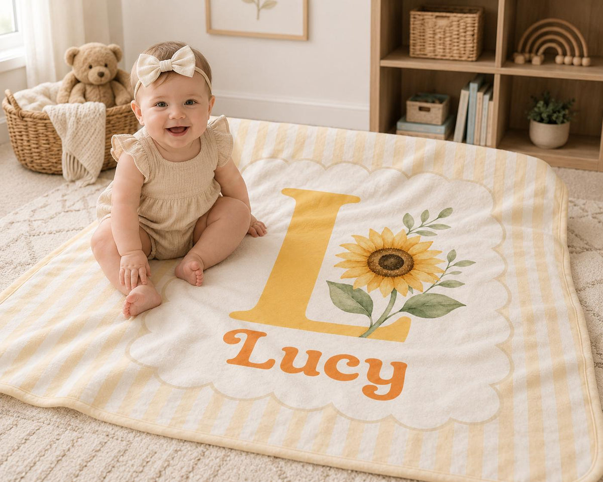 Personalized Sunflower Baby Blanket, Custom Initial Baby Blanket, Floral Monogram Nursery Blanket, Baby Girl Name Blanket, Ne
