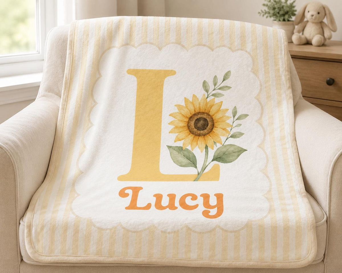 Personalized Sunflower Baby Blanket, Custom Initial Baby Blanket, Floral Monogram Nursery Blanket, Baby Girl Name Blanket, Ne