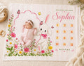 Personalized Bunny Baby Milestone Blanket, Floral Monthly Milestone Blanket, Custom Baby Name Blanket, Baby Girl First Year B
