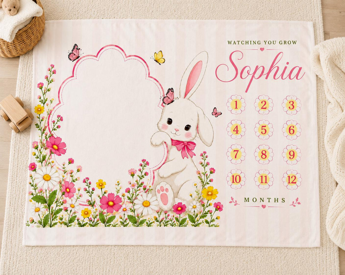 Personalized Bunny Baby Milestone Blanket, Floral Monthly Milestone Blanket, Custom Baby Name Blanket, Baby Girl First Year B
