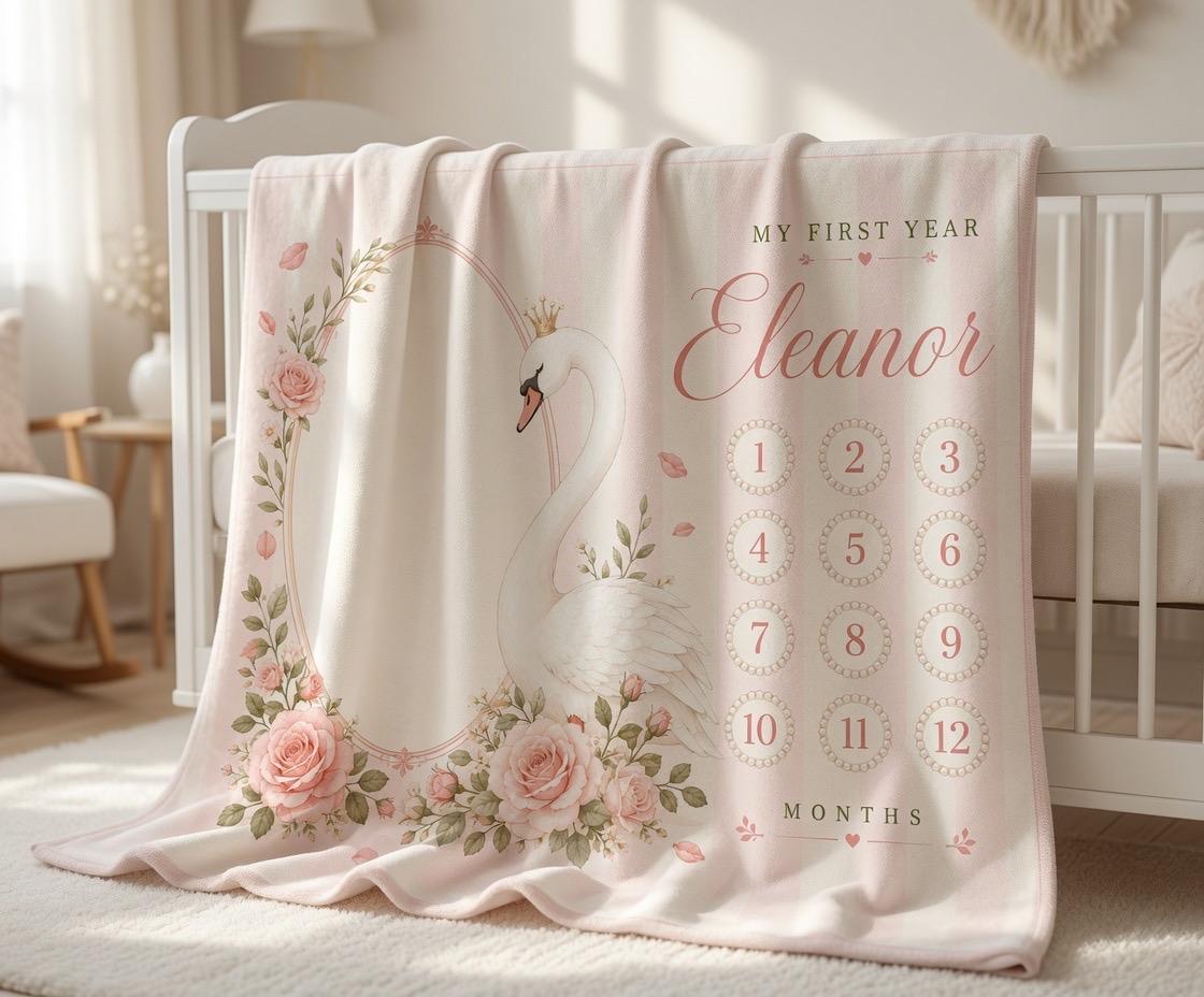 Personalized Swan Baby Milestone Blanket, Pink Monthly Milestone Blanket, Custom Baby Name Blanket, Baby Girl First Year Blan