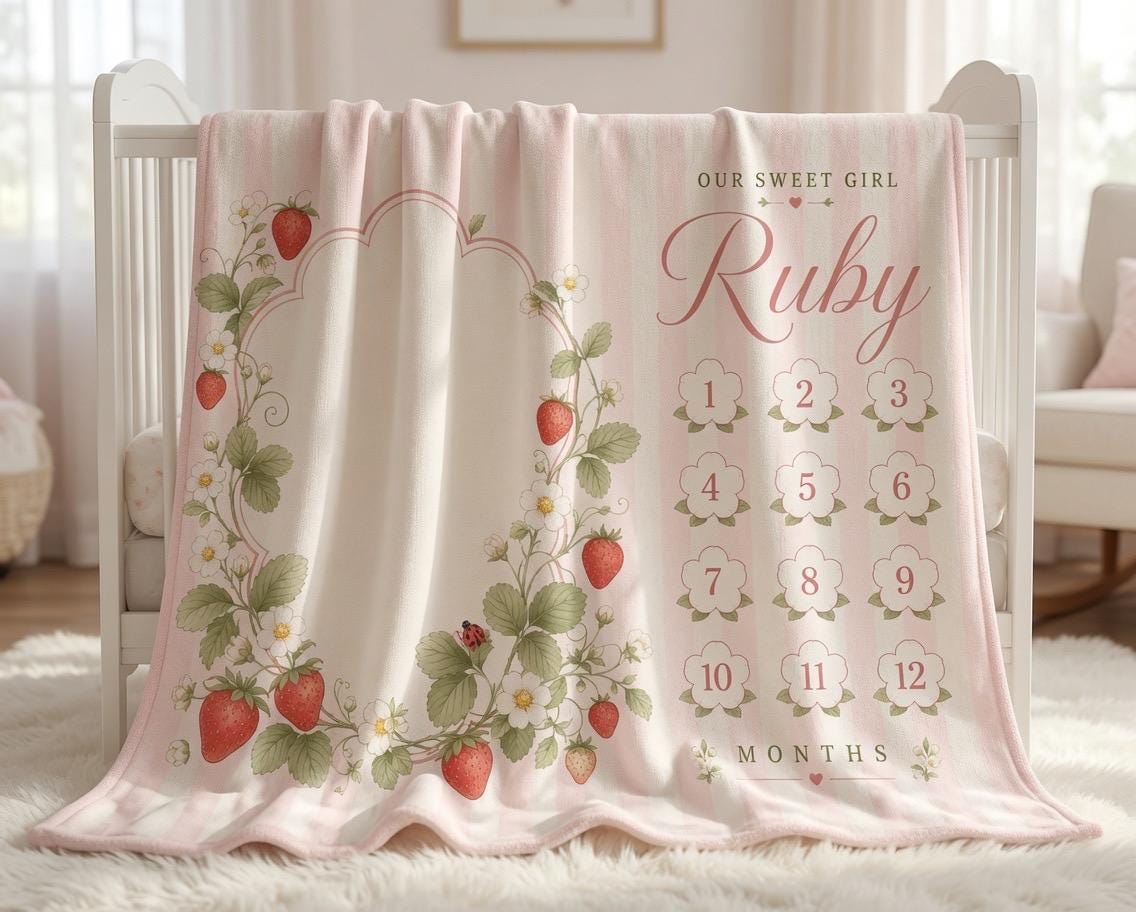 Personalized Strawberry Milestone Blanket for Baby Girl - Floral Pink Monthly Photo Prop - Custom Name Newborn Growth Tracker