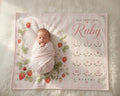 Personalized Strawberry Milestone Blanket for Baby Girl - Floral Pink Monthly Photo Prop - Custom Name Newborn Growth Tracker