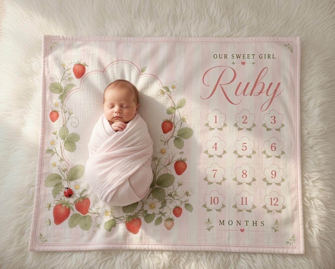 Personalized Strawberry Milestone Blanket for Baby Girl - Floral Pink Monthly Photo Prop - Custom Name Newborn Growth Tracker