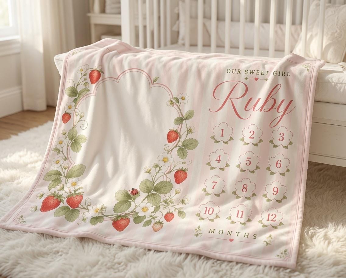 Personalized Strawberry Milestone Blanket for Baby Girl - Floral Pink Monthly Photo Prop - Custom Name Newborn Growth Tracker