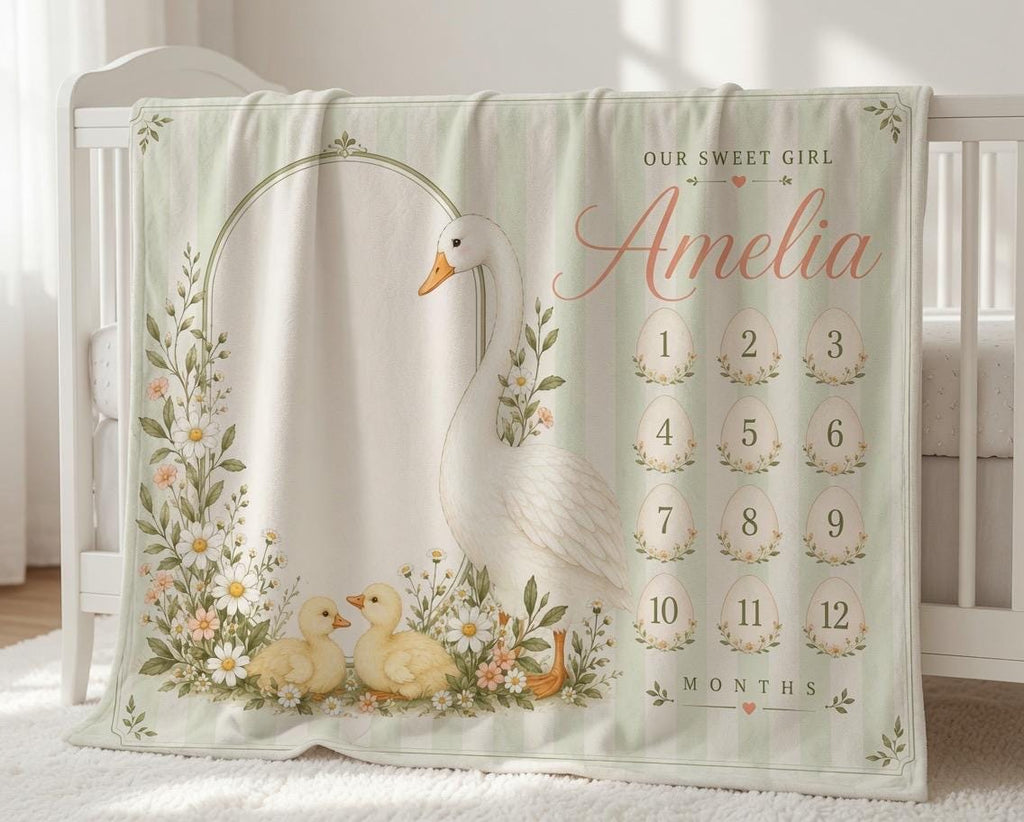 Personalized Goose Milestone Blanket for Baby Girl - Floral Baby Monthly Photo Prop - Custom Name Newborn Growth Tracker